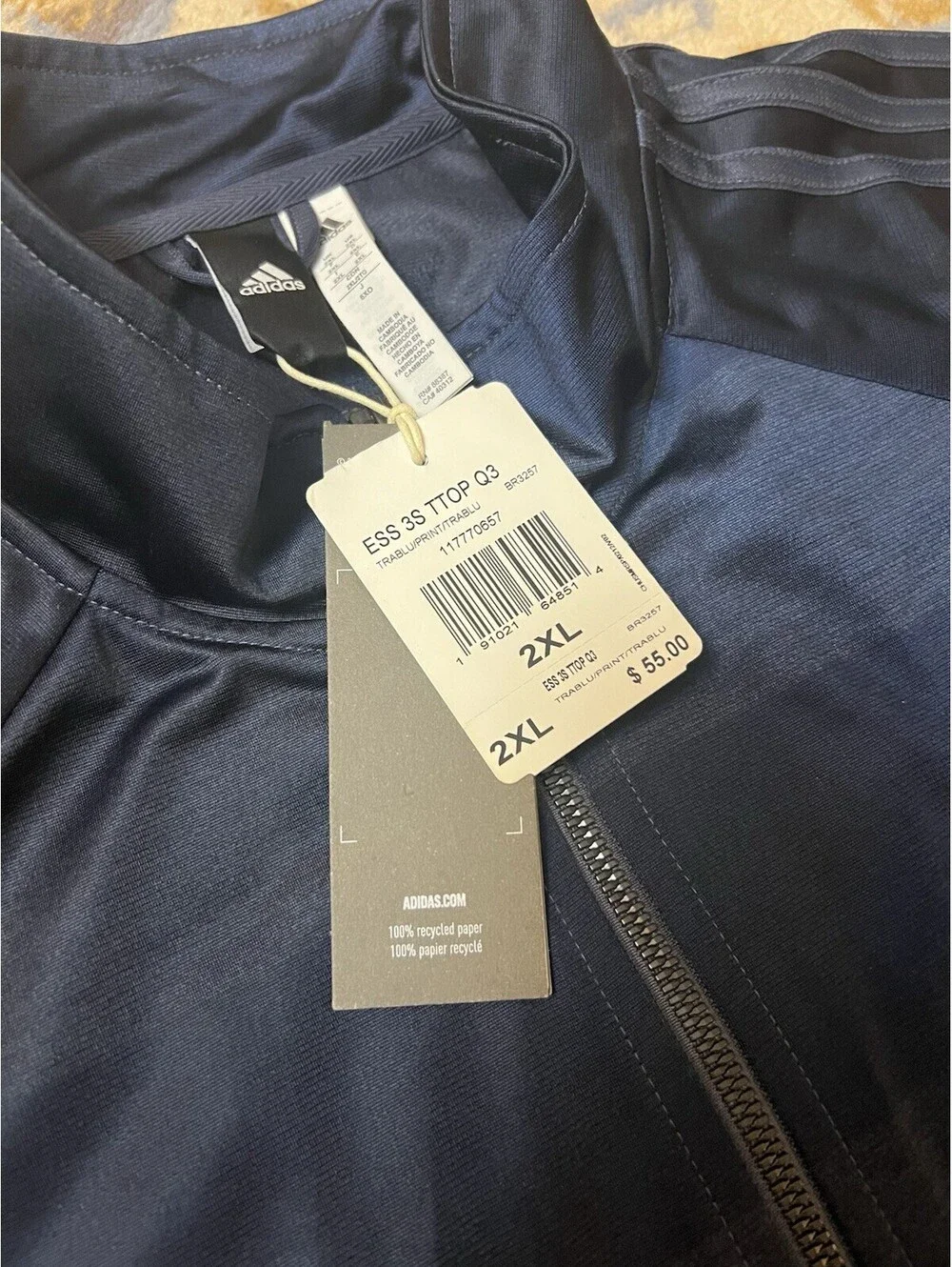 Adidas Jacket Mens 2XL Blue ESS 3S TTOP Q3 Full Zip Striped Logo Athletic Blue